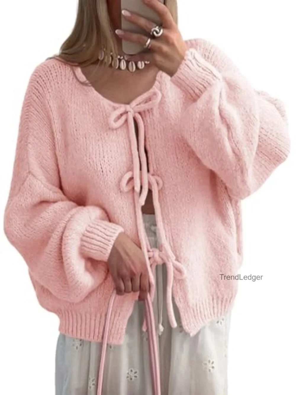 Women's Oversized Tie Front Cardigan Bow Knit Sweater Long Sleeve Open Front